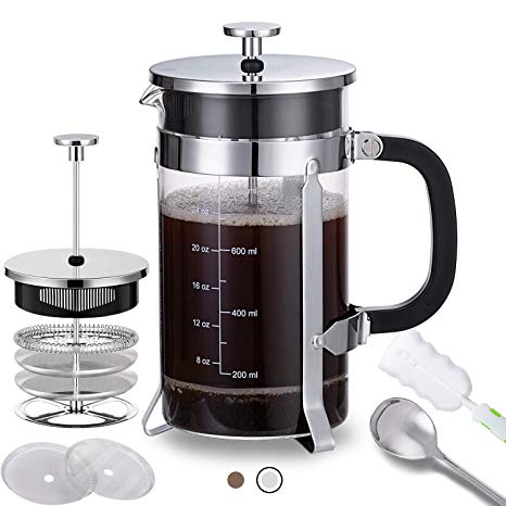 French Press Coffee Maker with 4 Filters - 304 Durable Stainless Steel - Heat Resistant Borosilicate Glass Coffee Pot Percolator, Single Serving Coffee Maker, 34 oz, Silver