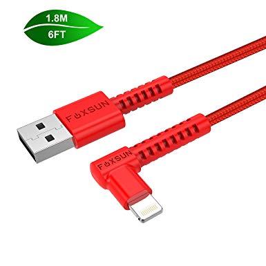[Apple MFi Certified] Lightning Cable Foxsun 6ft/1.8m 90 Degree iPhone Charger Cable Nylon Braided Lightning to USB Syncing and Charging Cable for iPhone X / 8 / 8 Plus / 7 / 7 plus / SE / 6 / 6 Plus/ 6s/5s/5c/5, iPad Air 2, iPad Pro and More - Red