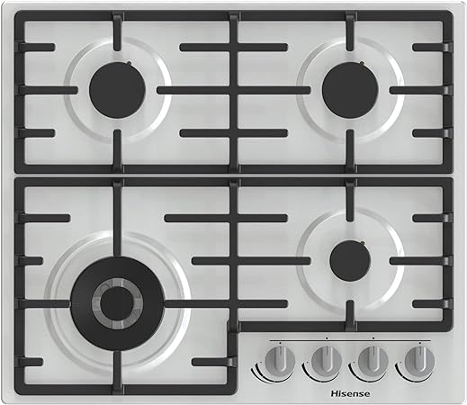 Hisense GM663XB Gas Hob, 4 Cooking Areas, Width 60 cm, Double Crown Wok Burner and Cast Iron Grilles, Integrated Ignition, Anti Fingerprint Stainless Steel