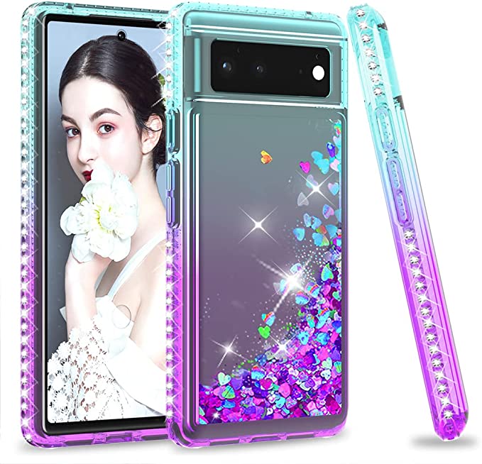 Google Pixel 6 Case for Girls Women Men, LeYi Designed for Google Pixel 6, Slim Full-Body Glitter Bling Diamond Liquid Quicksand Flowing Cute Phone Case - Teal/Purple