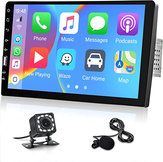 Hikity Apple Carplay Single Din Android Auto Car Stereo 9 Inch 1080P Touch Screen Car Radio with Backup Camera, Bluetooth, FM / AM, Mirror Link, Front USB AV Input   External Microphone