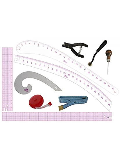 PGM Fashion Design Tools Set: Awl, Pattern Notcher, Tracing Wheel, Grid Rulers, French Curve, Measuring Tape, Curve Stick, Hip Curve, Vary Curve Rulers, tape measure