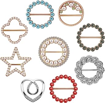 9PCS Scarf Ring Metal T-Shirt Clips for Women Fashion Alloy Silk Scarf Clip with Pearl and Rhinestone Circle Clip Waist Buckle for Clothing Wrap Holder Clothing Corner Knot Buckle(9 Styles)