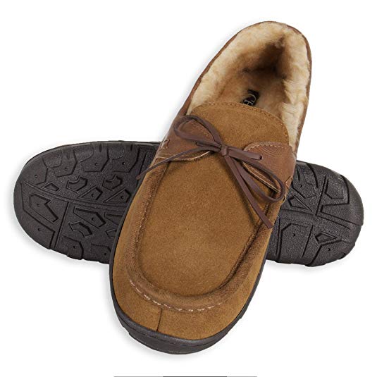 Chaps Men's Slipper House Shoe Moccasin Memory Foam Suede Indoor Outdoor Nonslip Sole Construction