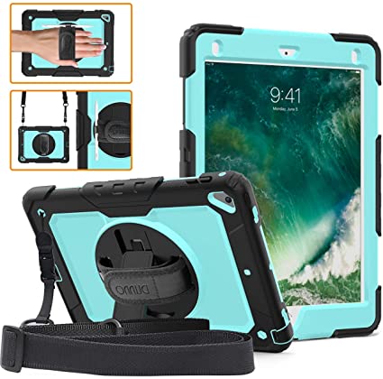 DUNNO iPad 9.7 2017/2018 case - Heavy Duty Protective Case with 360° Rotating Kickstand & Built-in Screen Protector Shockproof Design for Apple iPad 9.7 inch 2017/2018 (5th/6th Gen) Black/Sky Blue