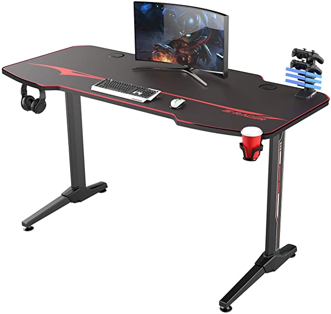 Greesum 44 Inch T Shaped Racing Style Computer Gaming Desk, Home Office Table with Handle Rack, Headphone Hook, Cup Holder, Carbon Fiber Surface & Comfortable Mouse Mat, Black