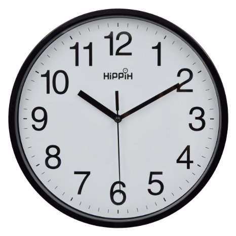 Hippih 10" Silent Quartz Decorative Wall Clock with Glass Cover Non-ticking Digital(Black)