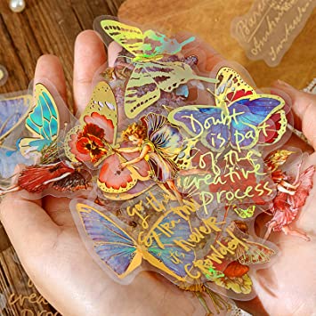 Aromoty Fairy Gold foil Holographic Stickers Set(120 pieces with 4 Themes)-Resin Transparent Waterproof Stickers,Butterfly,Flower Vintage letter Planner Stickers for Scrapbook Junk Bullet Journals Laptop,Water bottles Decor