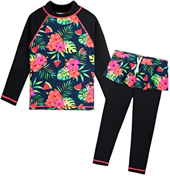 TFJH E Girls Long Sleeve Swimsuits Skirt 2-Pieces Rash Guard Set Sun Protection UV 50