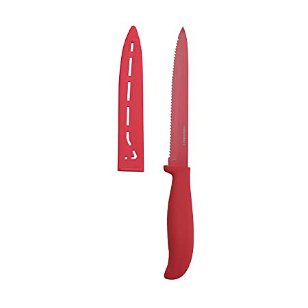 Farberware 5099712 Non-Stick Resin Serrated Utility Knife with Sheath and Contoured Handle, 5.5-Inch, Red