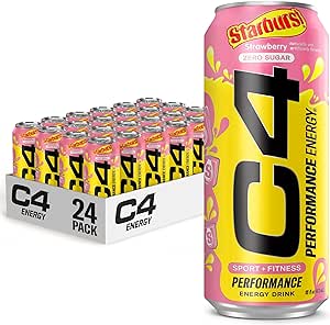 Cellucor C4 Energy Drink, STARBURST Strawberry, Carbonated Sugar Free Pre Workout Performance Drink with no Artificial Colors or Dyes, Pack of 24