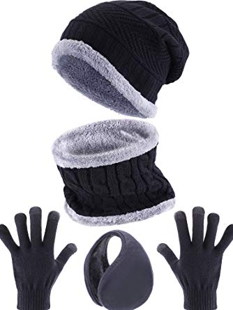 Tatuo 4 Pieces Ski Warm Set includes Winter Hat Scarf Warmer Gloves Winter Outdoor Earmuffs for Adults Kids (Set 1)