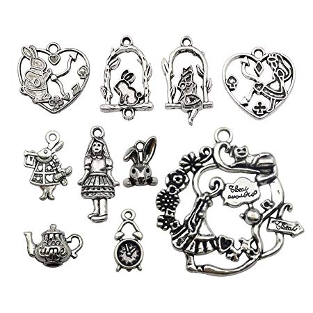 iloveDIYbeads 50pcs Craft Supplies Antique Silver Alice in Wonderland Fairy Tales Tea Party Steampunk Charms Pendants for Crafting, Jewelry Findings Making Accessory for DIY Necklace Bracelet M186