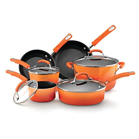 Rachael Ray Hard Enamel Nonstick 10-Piece Cookware Set, Orange Gradient