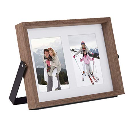 VonHaus 4x6 Tabletop Decorative Picture Frame Fits 2X Photos Walnut Brown Wooden Standing and Leaning Photograph Frame with Iron Bracket - Personalized Gift for Friends and Family