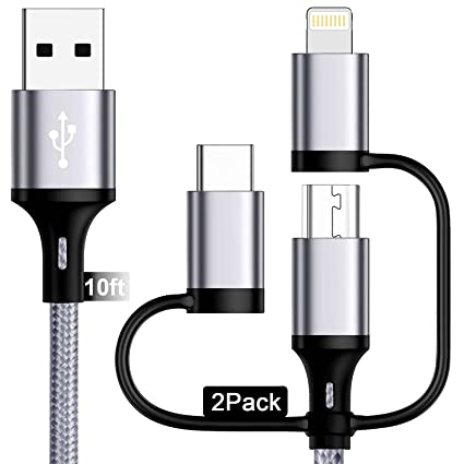 3 in 1 Multi Fast Charging Cable 3A [MFi Certified ] Miger Nylon Braided USB A to Lightning/Type C/Micro USB Charger Sync Cable for iPhone,iPad,Samsung Galaxy,Huawei,LG,Sony,HTC,OnePlus(2Pack/10ft)
