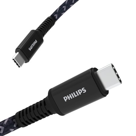 Philips USB Type C Cable, USB-C to USB-C Black Nylon Braided Fast Charging Cable, 6 Ft