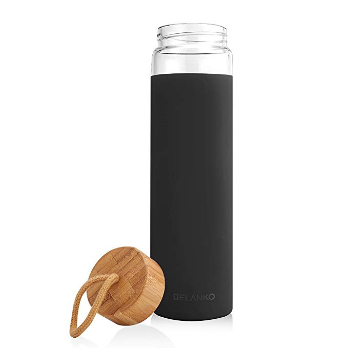 Tronco 20oz Glass Water Bottle with Silicone Protective Sleeve and Bamboo Lid - BPA Free