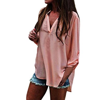 Perman Women Sexy Chiffon V-neck Long Sleeve Loose Blouse Casual T Shirt Tops