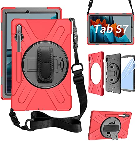 ZenRich Galaxy Tab S7 Case 2020, SM-T870/T875/T876 Case11 Inch with S Pen Holder zenrich Shockproof Case with Screen Protector Stand Hand Strap Shoulder Belt for Samsung Galaxy Tab S7 11 Inch-Red