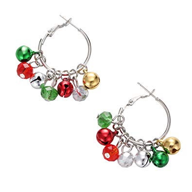 Christmas Bell Hoop Earrings - Hypoallergenic Christmas Jewelry Gift for Women Girls Cute Festive Earring Including Red Green White Yellow Jingle Bell Dangle, Great Gift Idea