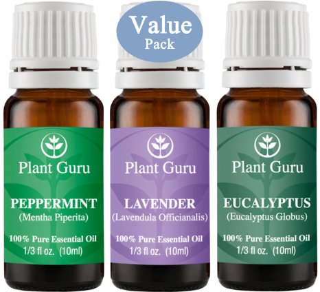 Plant Guru Beginner's Trio Essential Oil Set. 100% Pure Therapeutic Grade 10 ml. Set Includes: Eucalyptus, Lavender, Peppermint.
