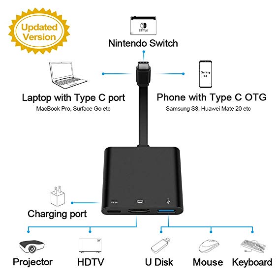 [Updated Version] Rocketek USB C Hub, Type C to HDMI Adapter for Nintendo Switch, Laptop, Phone. Support 1080P@60Hz, PD Charging. Compatible with MacBook, Samsung S8, Huawei Mate P20, Google Pixel etc