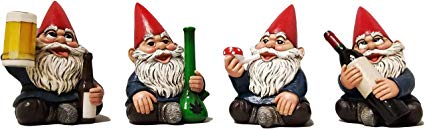 DWK - Happy Time Bunch - Set of Four (4) Mini Gnomes with Bong Wine Beer and Pipe Party Favor Miniature Figurines Decor for Home Garden and Office, 4-inch