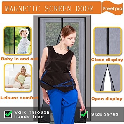 Freelyna Magnetic Screen Door Fiberglass Mesh Velcro Not Nylon Full Frame Automatic Close Heavy Duty Mesh Curtain Mosquitoes or Pesky Bugs Out Black(Fits doors up to 39"x83")