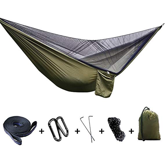 Camping Hammock,FOME SPORTS|OUTDOORS Updated Version Large Size Portable Parachute Fabric Hammock Hanging Bed With Unremoveable Mosquito Net 114x55inch 660lbs Capacity for Backpacking Travel Yard