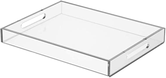 Clear Serving Tray 12x16 Inches/ 30x40 cm -Spill Proof- Acrylic Decorative Tray Organiser for Ottoman Coffee Table Countertop with Handles