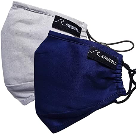 2 x SwimCell 3 Layer Cotton Face Masks with 4 x PM 2.5 Filters. Adjustable Nose Wire and Toggles. Zip Lock Pouch. Adults and Kids Sizes. Machine Washable. (Navy and Grey, Adult 24 x 11cm)