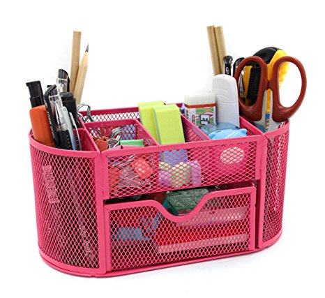 Mesh Desk Organizer Office Supply Caddy Drawer with Pen Holder Collection Pink