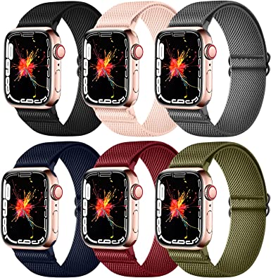 CreateGreat Stretchy Nylon Bands Compatible with Apple Watch Band 45mm 44mm 42mm 41mm 40mm 38mm,Adjustable Elastic Braided Solo Loop Women Men Straps for iWatch Series 7 6 5 4 3 2 1 SE.6Pack