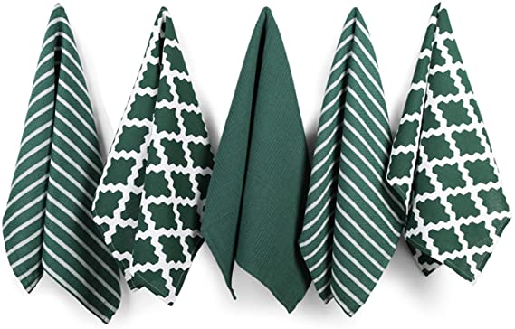 Penguin Home® -100% Cotton Tea Towel Set of 5-Soft-Durable-Stylish Hunter Green Design with Multiple Patterns-Machine Washable-65 x 45cm, Cotton, Pack of 5