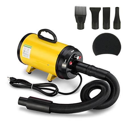 Gelinzon 3.2HP Stepless Adjustable Speed High Velocity Pet hair force dryer Dog grooming blower with 4 Different Nozzles Heater