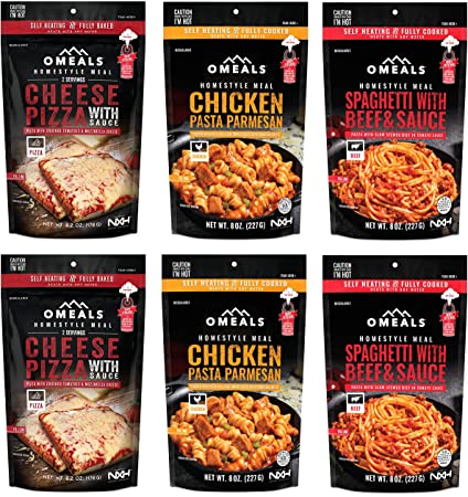 OMEALS Self-Heating Portable Meals, Italian 6-Pack -Includes 2 Cheese Pizza, 2 Chicken Pasta Parmesan and 2 Spaghetti with Beef & Sauce Food Packs-Compact and Easy to Store-Great for Camping or Hiking