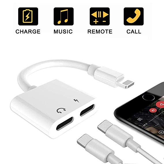 Headphone Jack Splitter Adapter for iPhone Charge adapter for X (10) /XR/8/8 Plus/7/7 Plus Audio & Charger & Call & sync Cable Dongle Accessory Connector 2 in 1 Splitter Adapter Support All iOS System