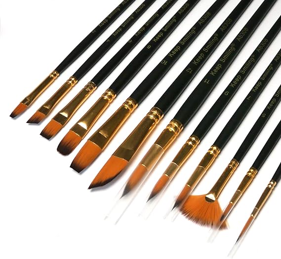 12 Pcs Artist Paint Brushes Set with Synthetic Sable Hair for Acrylic Oil Watercolour Fine Art Painting, Full Range of Sizes & Shapes Kit