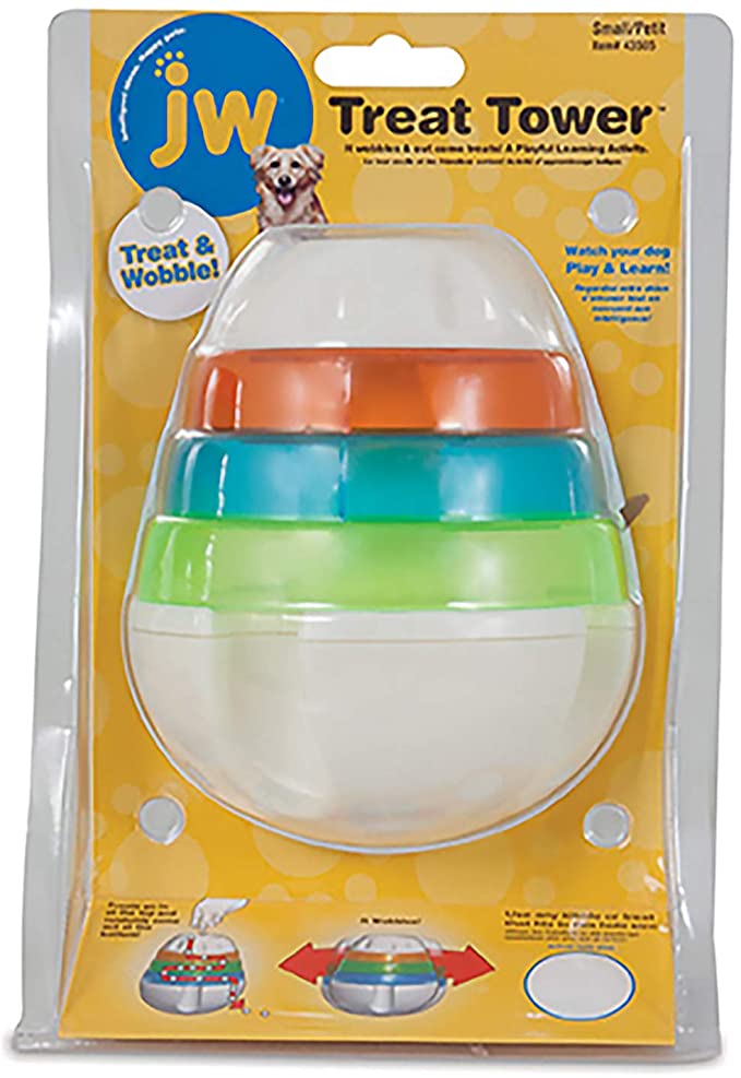 JW Pet Company 43505 Treat Tower Toys for Pets, Small, White/Rings of Blue, Orange, Green