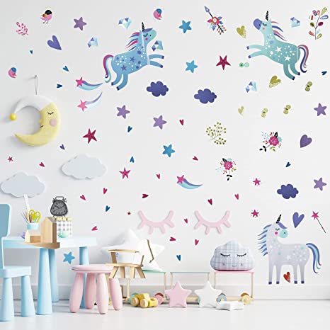 2 Sheets Unicorn Wall Decals Removable Unicorn Rainbow Wall Stickers for Girls Kids Bedroom Nursery Birthday Party Decor