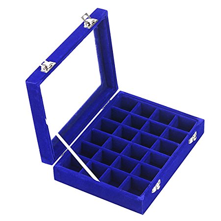 Ivosmart 24 Section Velvet Glass Jewelry Ring Display Organiser Box Tray Holder Earrings Storage Case (Blue)