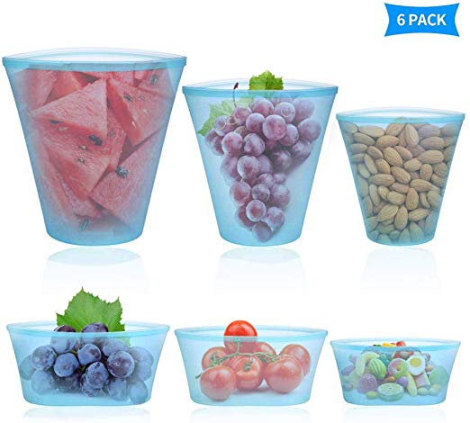 Roysmart Reusable Silicone Food Storage Bags, Zip Lock Top Leakproof Containers BPA Free Dishes Storage Bags Cups and Bowl Microwave Dishwasher Freezer Safe Storage for Fruit Snack Vegetables-6Pack
