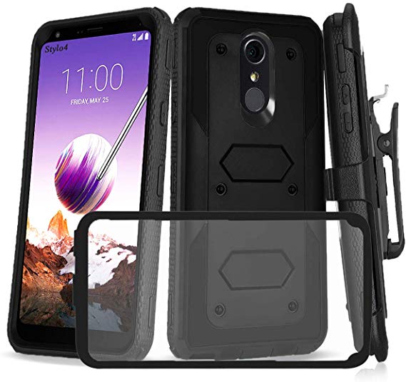 LG Stylo 4 Case/Stylo 4 Plus with Shockproof [Built-in Screen Protector] Full-Body Heavy duty PC back & Soft TPU Inner Armor Swivel Belt Clip Combo Holster Heavy Duty protective Case[Kickstand](Black)