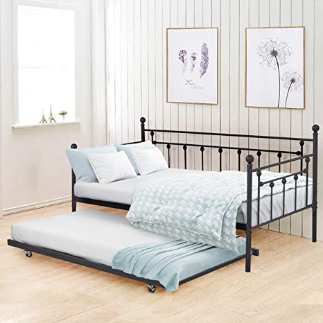 VECELO Daybed Victorian Style Multifunctional Metal Platform with Headboard and Trundle Bed,Frame Twin Size Mattress Foundation/Children Bed Sofa for Guest Living Room