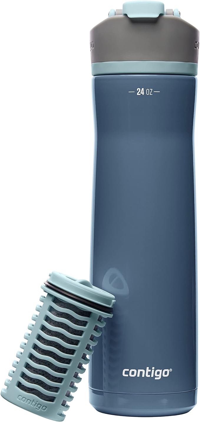 Contigo Clybourn Chill Freeflow Filtration Stainless Steel Water Bottle with Spill-Proof Lid, 24oz Filtered Water Bottle with Carbon Fiber Filter, Lasts up to 6 Months, Dark Ice