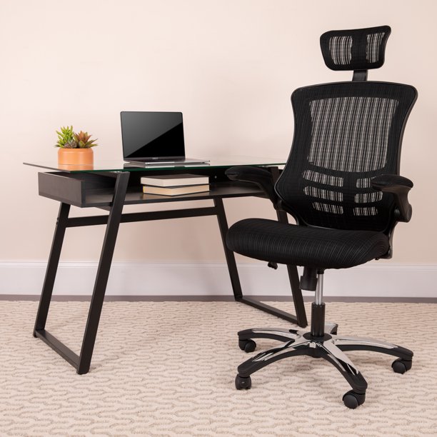 Flash Furniture High-Back Black Mesh Executive Swivel Office Chair with Flip-Up Arms and Chrome, Nylon Designer Base