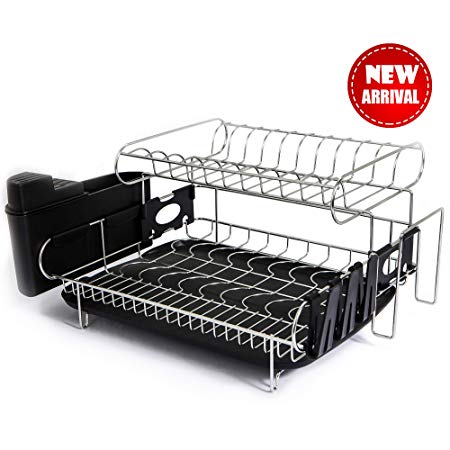 Tahlegy Large Capacity 2 Tier Dish Drying Rack, Above Counter Dish Rack for Kitchen with Antimicrobial Draining Board, Cup Holder Chrome Dishes Drying Rack