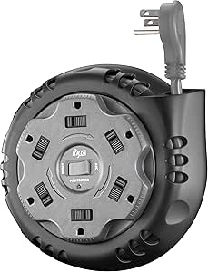 KMC 6-Outlet Surge Twist Cord Reel Retractable Power Strip Surge Protector, 1085J Surge Protection, 8ft 14/3 Retractable Extension Cord, 3-Prong Low-Profile Flat Plug, UL/ETL Certified, Gray