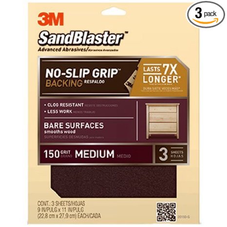 3M SandBlaster Bare Surfaces Sandpaper, 150-Grit, 9-Inch by 11-Inch, 3-Pack